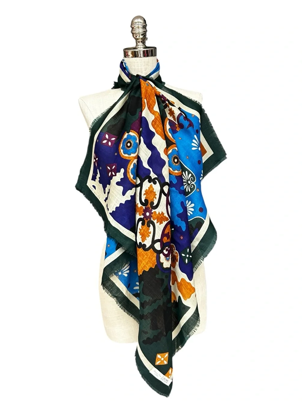 Christian Dior Écharpes Abstract Floral 100% Wool Fringe Scarf 34.5” Square